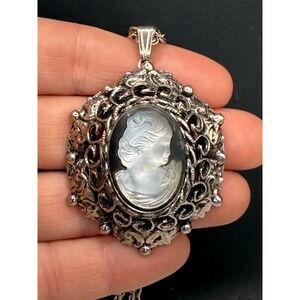 Vintage Cameo Necklace Black Silver Tone 24"